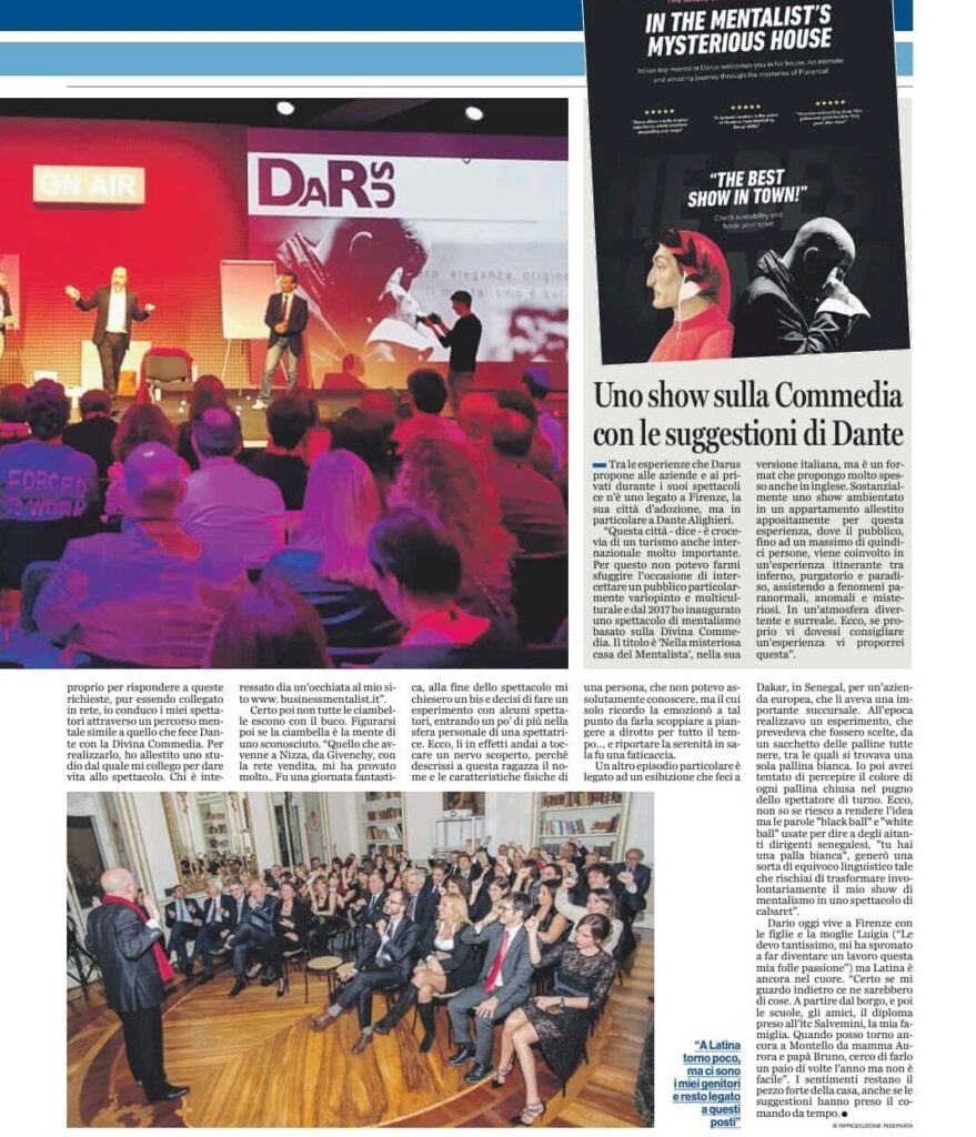 Articolo di rassegna stampa su Darus mentalista per eventi aziendali