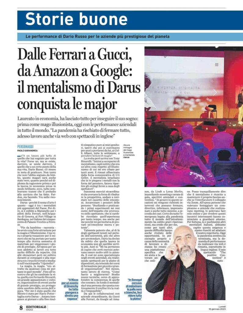 Articolo su Darus mentalista per eventi aziendali